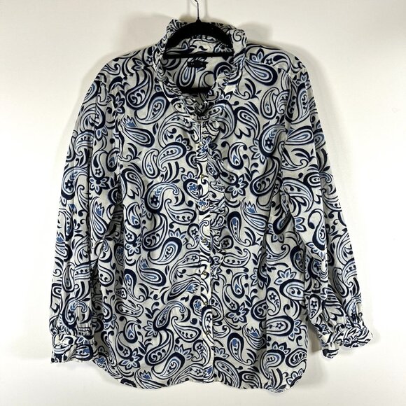 Talbots Paisley Ruffle Blouse Cotton White Blue Button Front Long Sleeve Size 2X - Picture 1 of 10